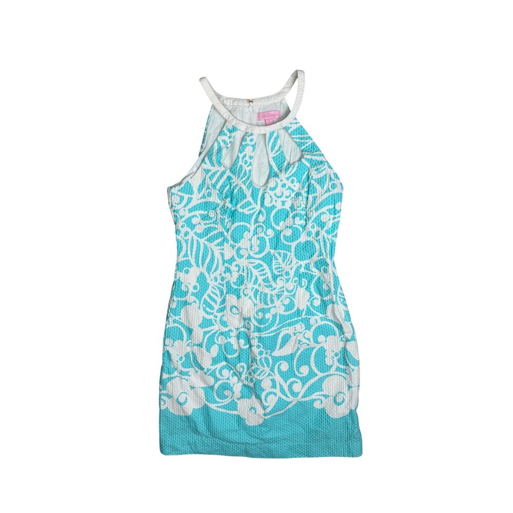 Lilly Pulitzer Pearl Shorely Shift Dress Blue Cutout White Floral 4